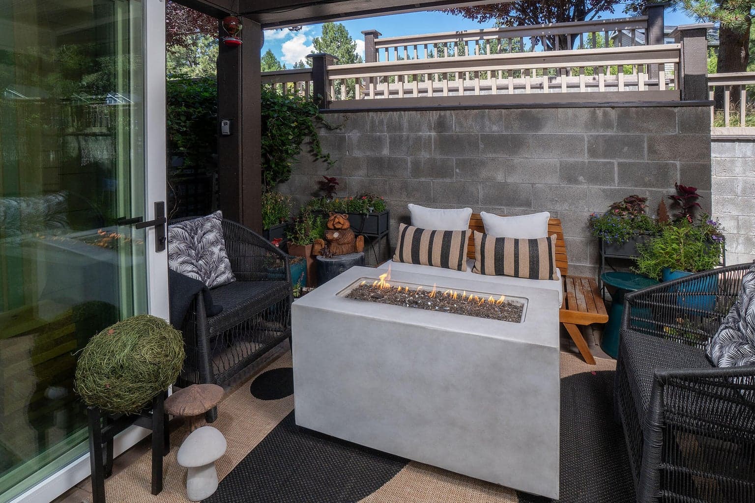 Mostly shady year round on the patio. The gas fireplace adds that warmth for those cool evenings.