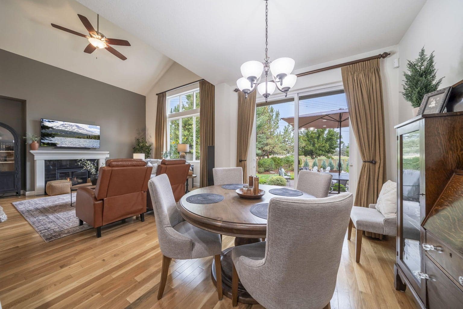 The breakfast nook is open to the family room and kitchen and has a sliding door that leads to the dreamy backyard.