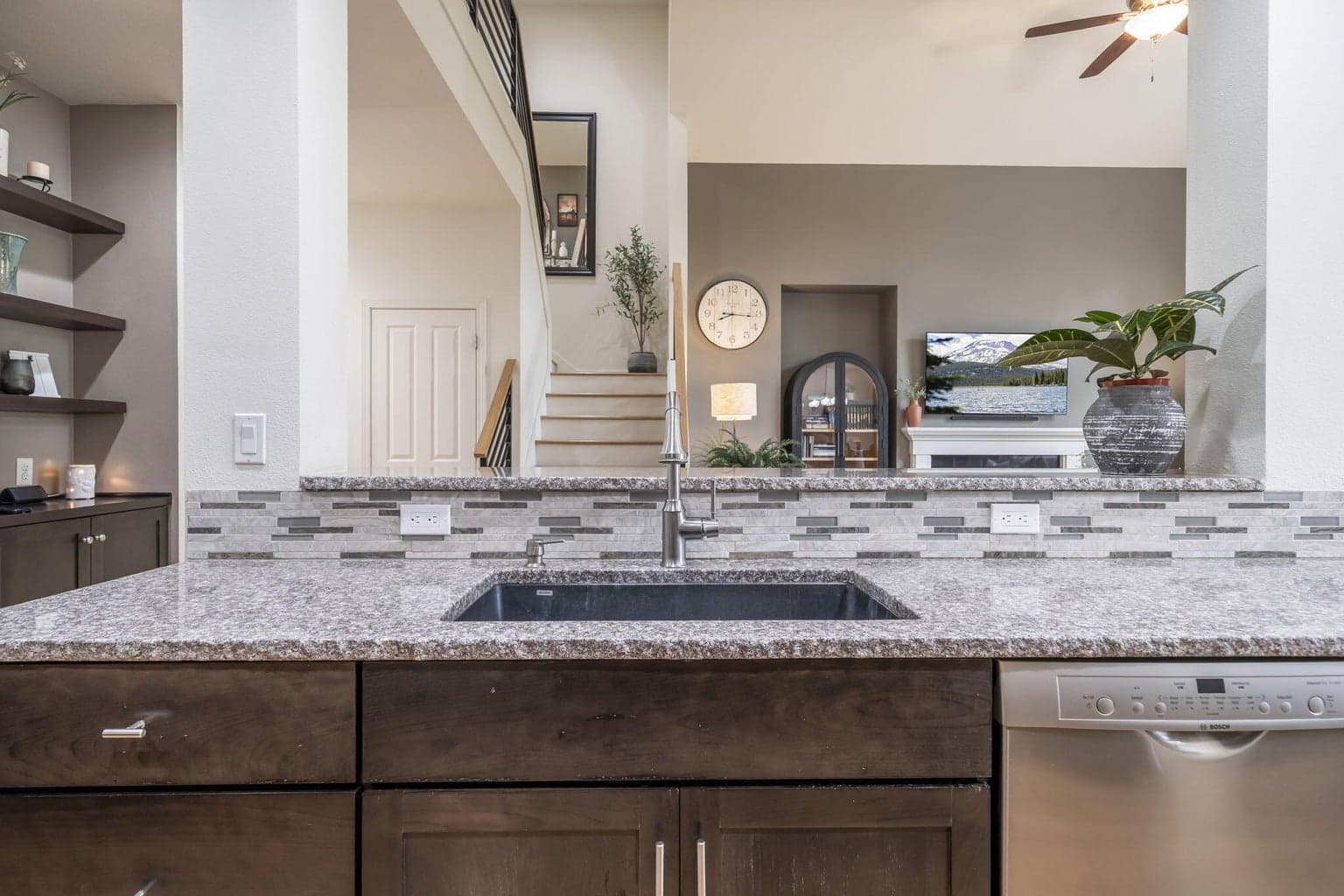 The sink and countertop is oriented towards the family room so you can enjoy the fire, tv, or company while working in the kitchen.