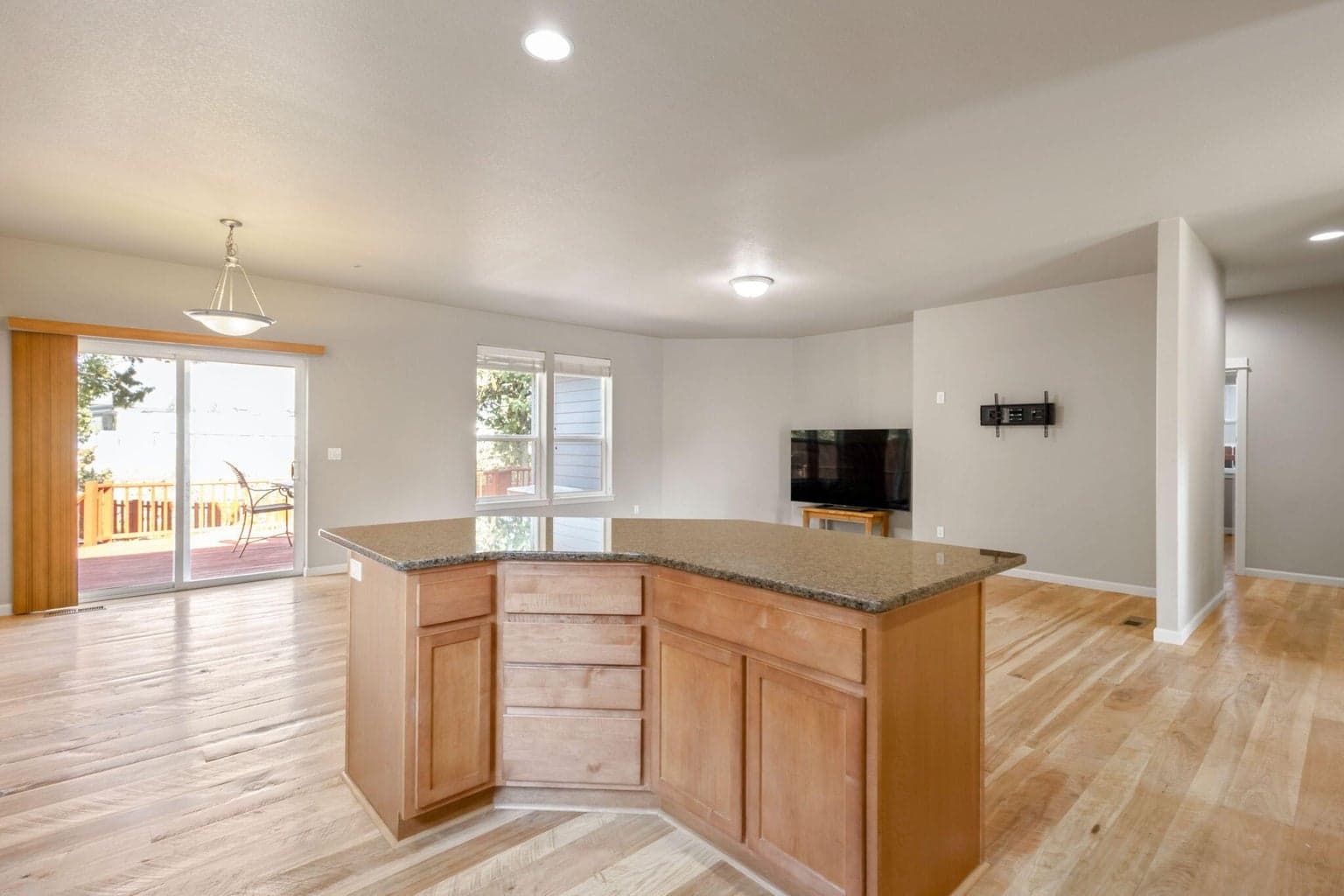 kitchen island and living room