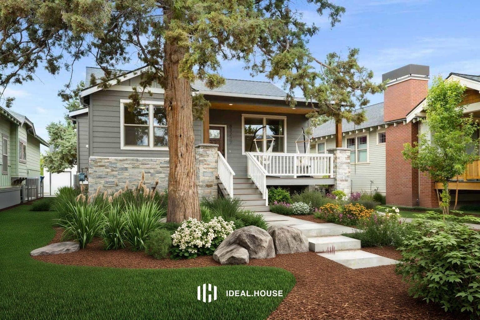 The home's yard is in front - this is an AI rendering of what could be! Let your imagination go wild! The neighbors are creative - look around when you are there.