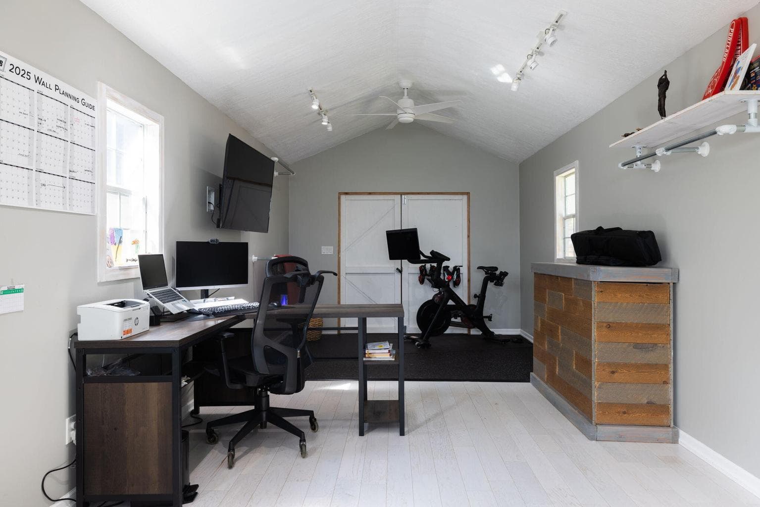 10' x 30' shed, currently outfitted as workout space/home office/kids play area