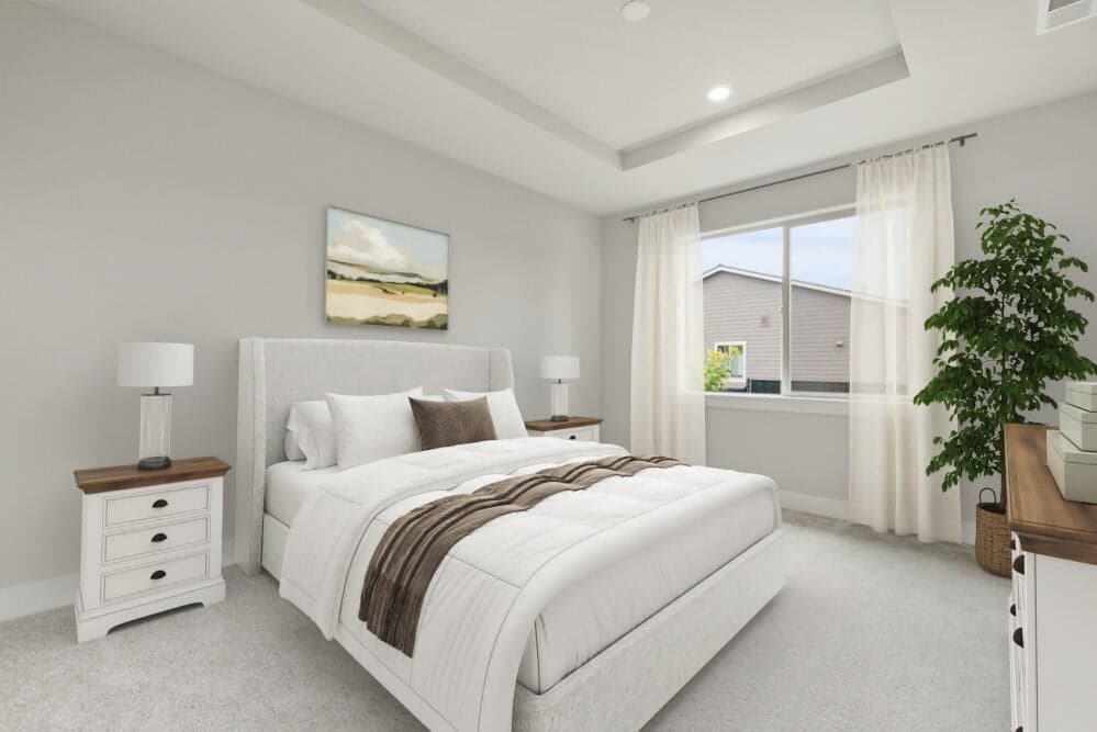 Primary suite with coffered ceiling. This photo has been virtually staged.