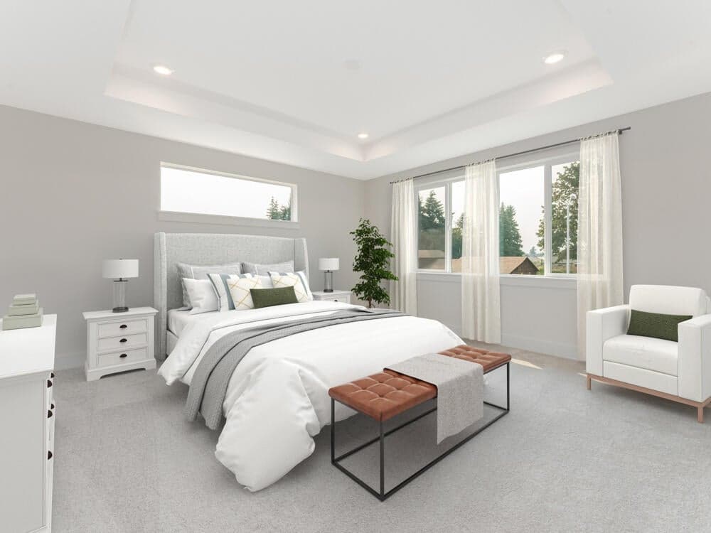 Image of primary bedroom has been virtual stage. Colors and surfaces may vary.