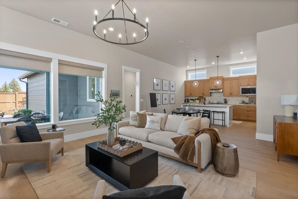 Image of like kind home great room, dining, and kitchen. Options and colors may vary.