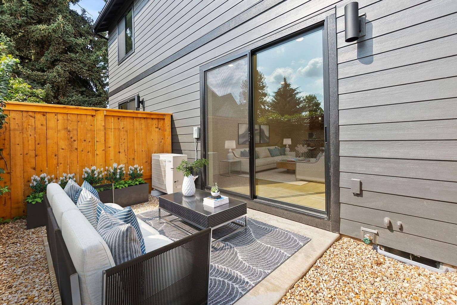 Fenced , south facing patio for great natural light