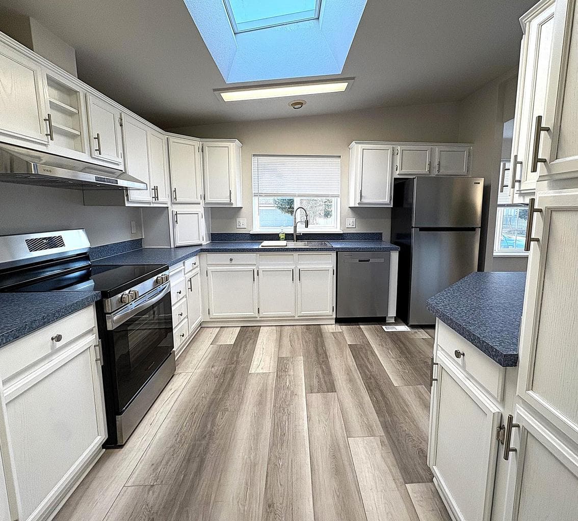 View of kitchen from dining area