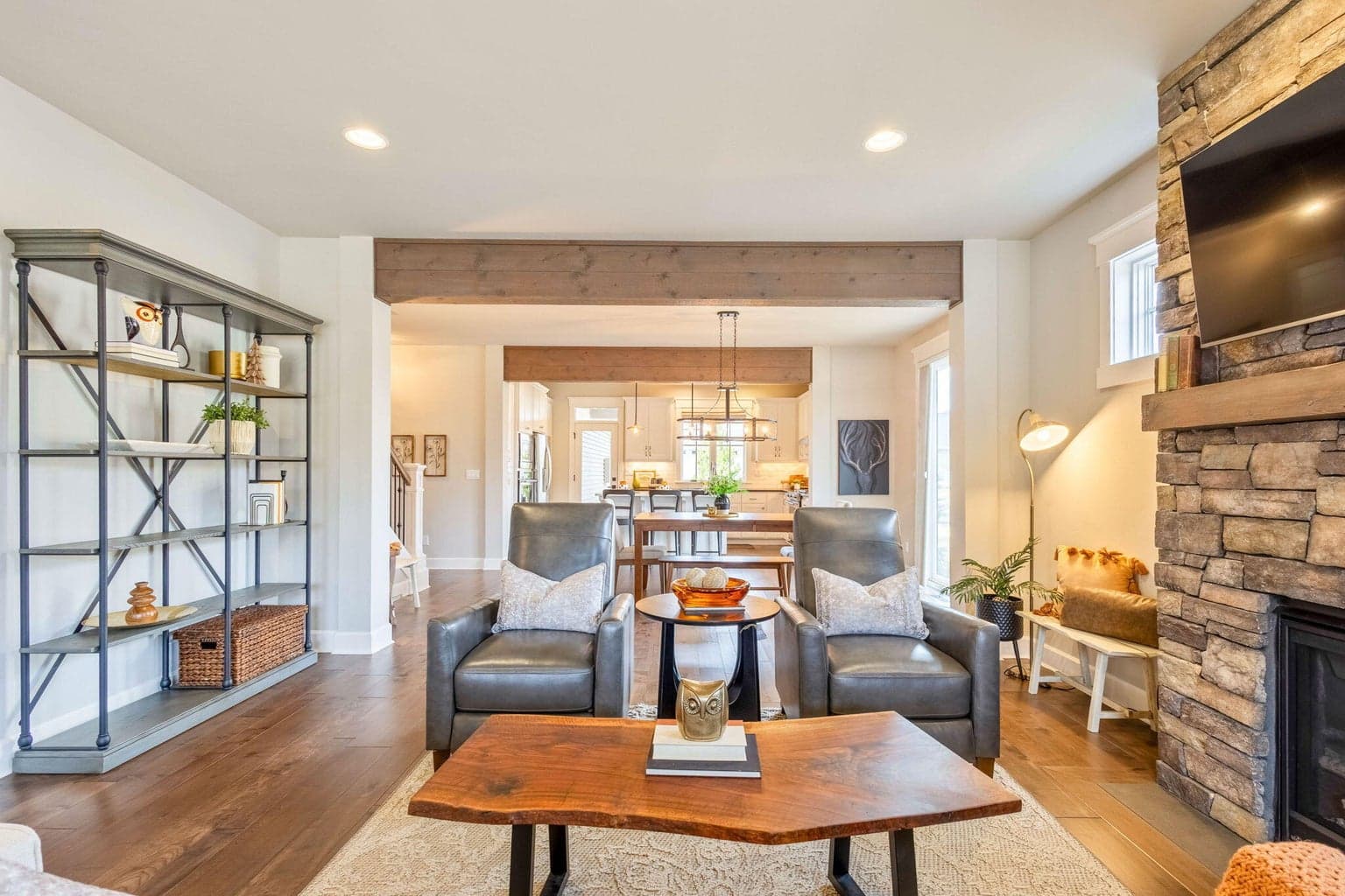 Beautiful wood beam ceiling accents.