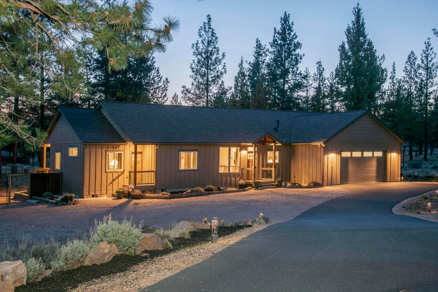 Evening- front view of home from the driveway