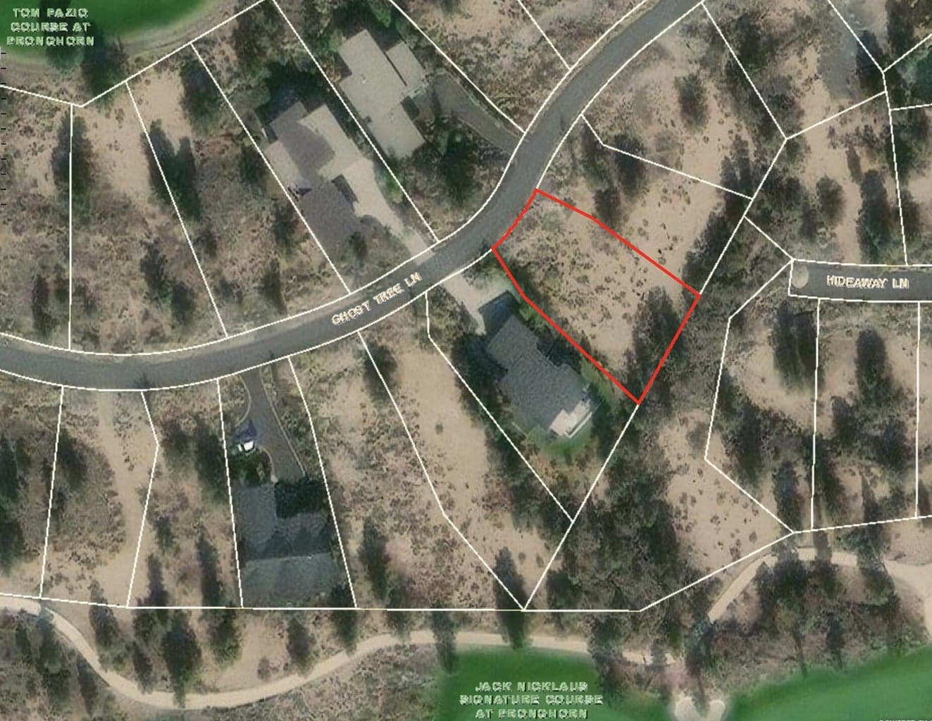 Red lot lines. See large common area to back lot line to Hideaway lane and to Nicklaus 16th fairway.