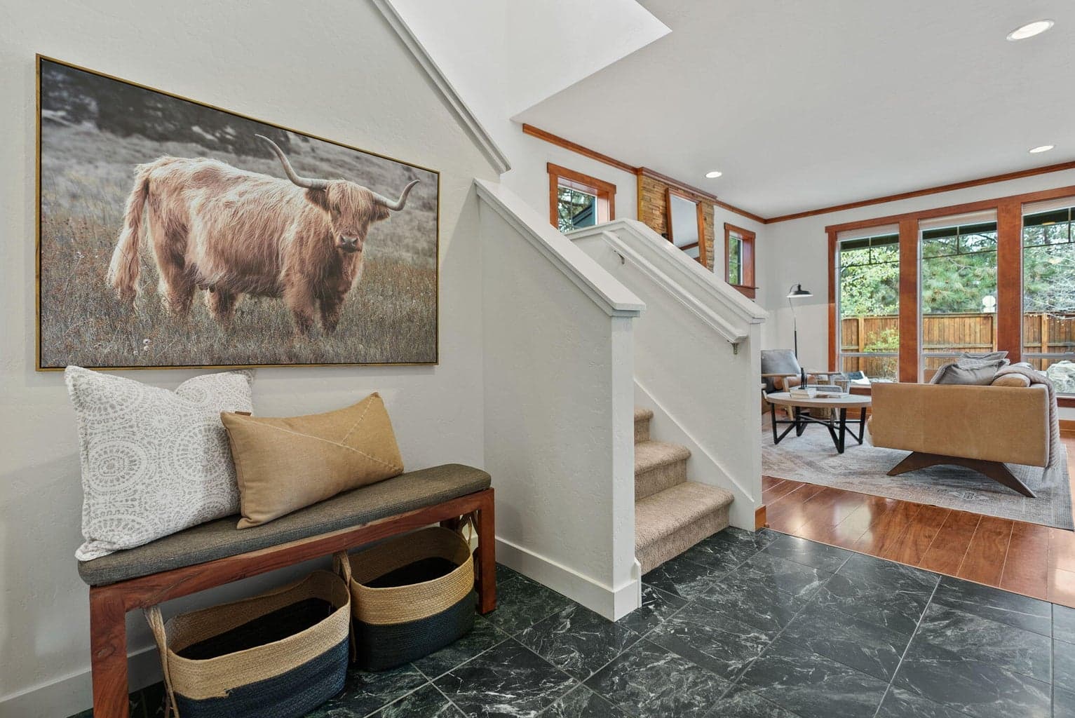 Front Entry with Half Bath, Green Marble Tiled Entry, Under-stair Storage Closet