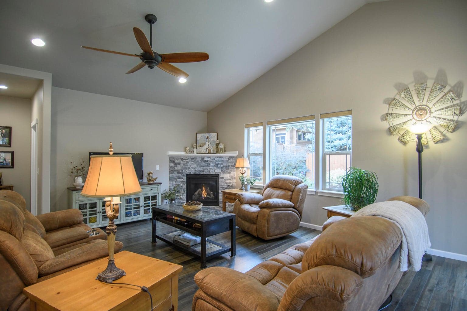 Stone fireplace surround in Great Room