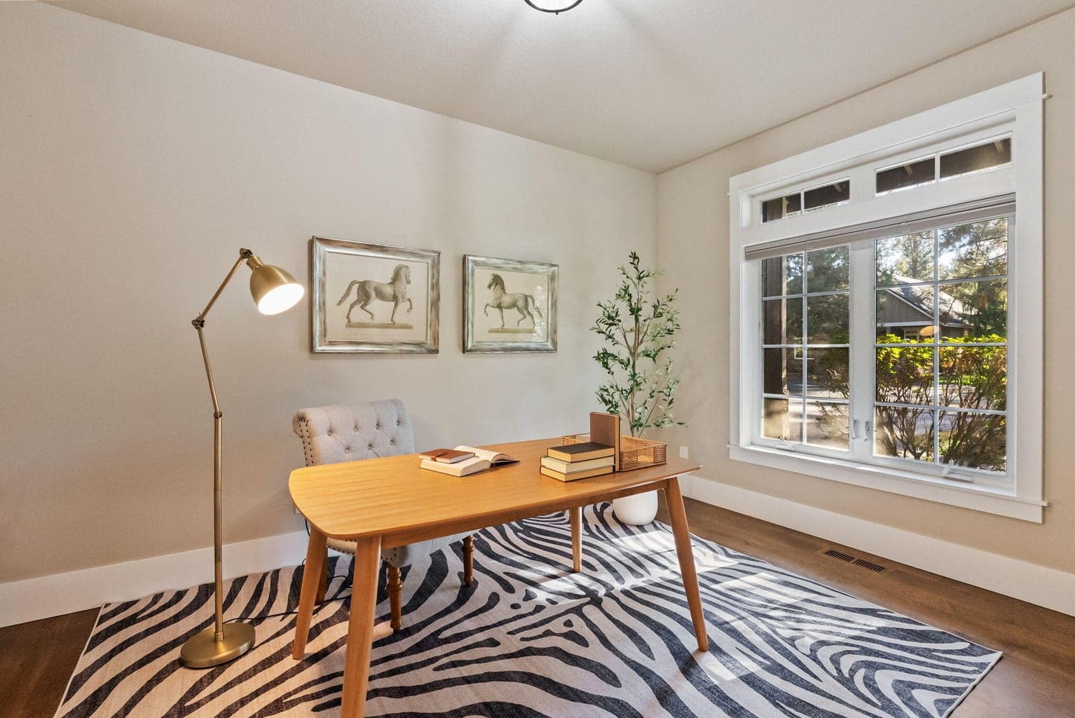 Front office with window onto covered front porch