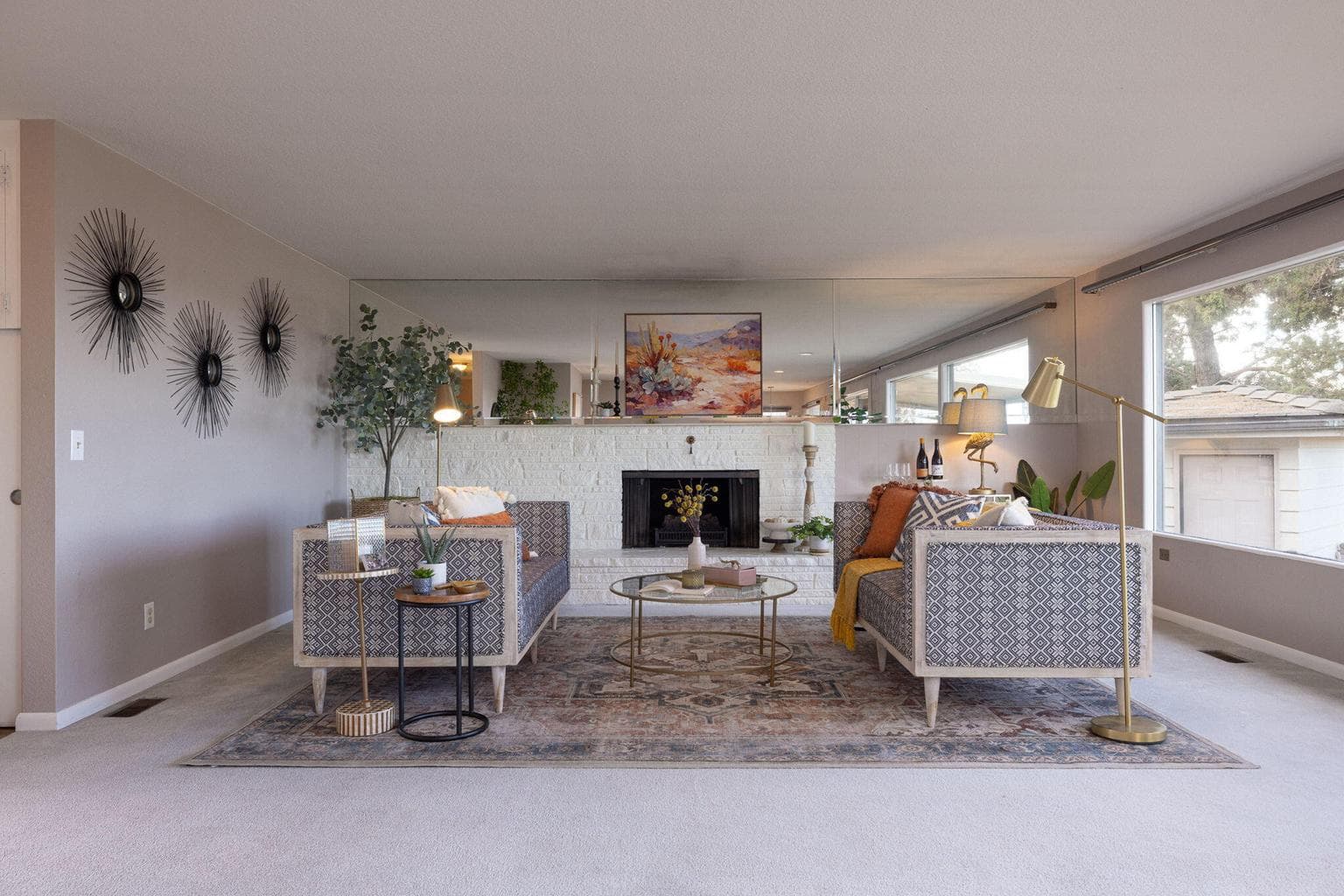 Spacious great room with a wood fireplace