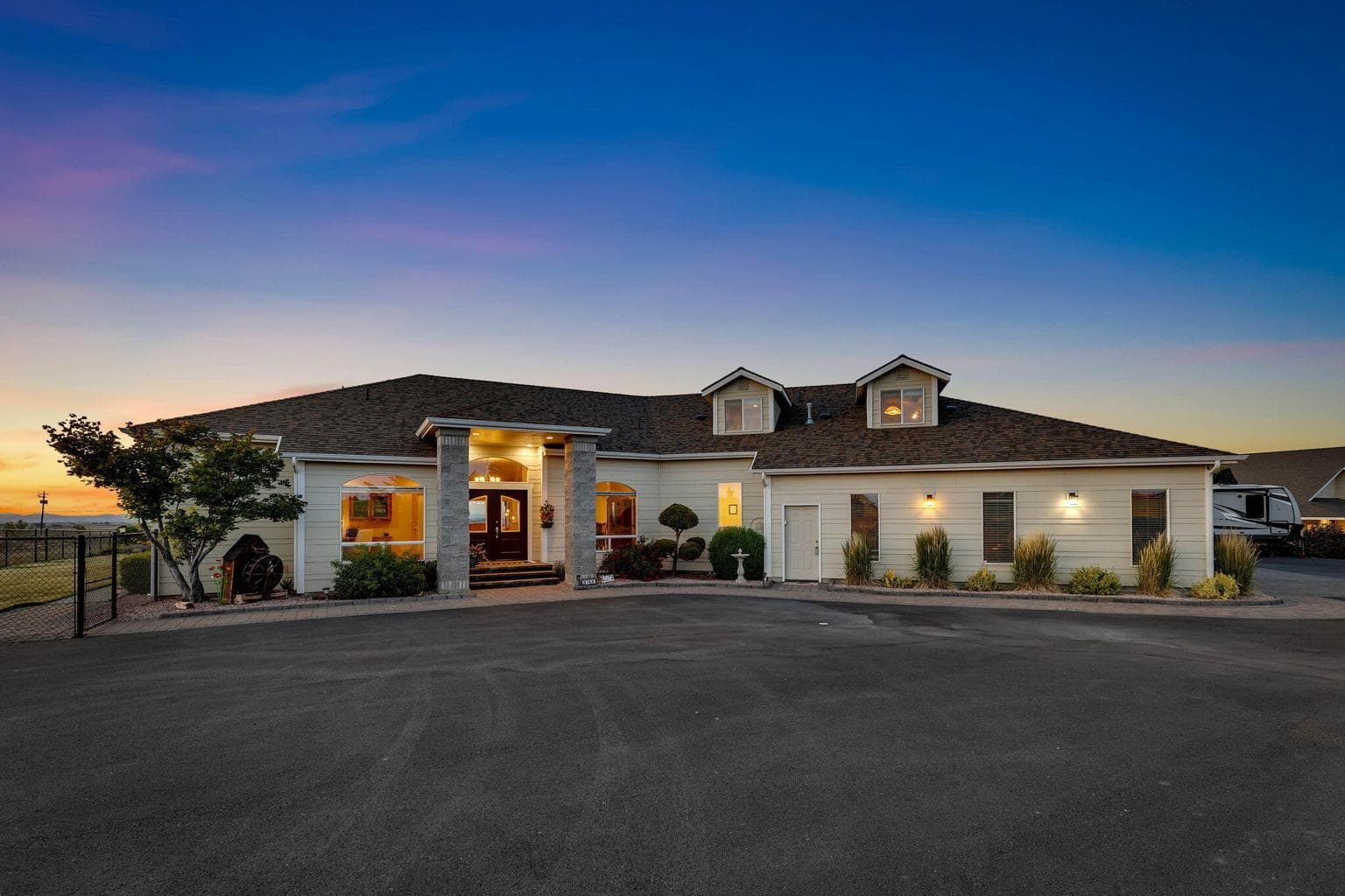 Front of home at sunset.