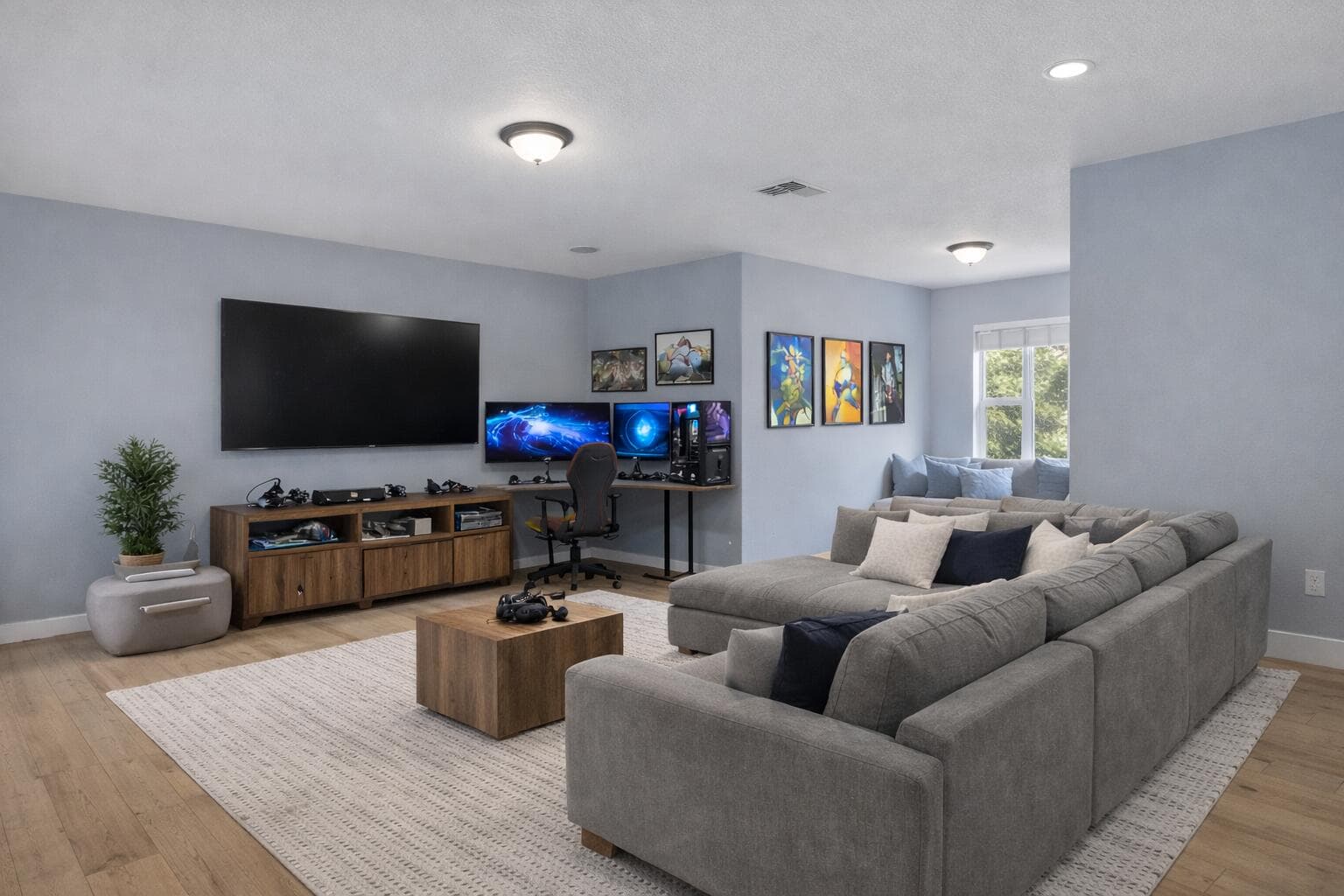 This image has been virtually staged to show options for complimentary style and layout for the bonus/bedroom.