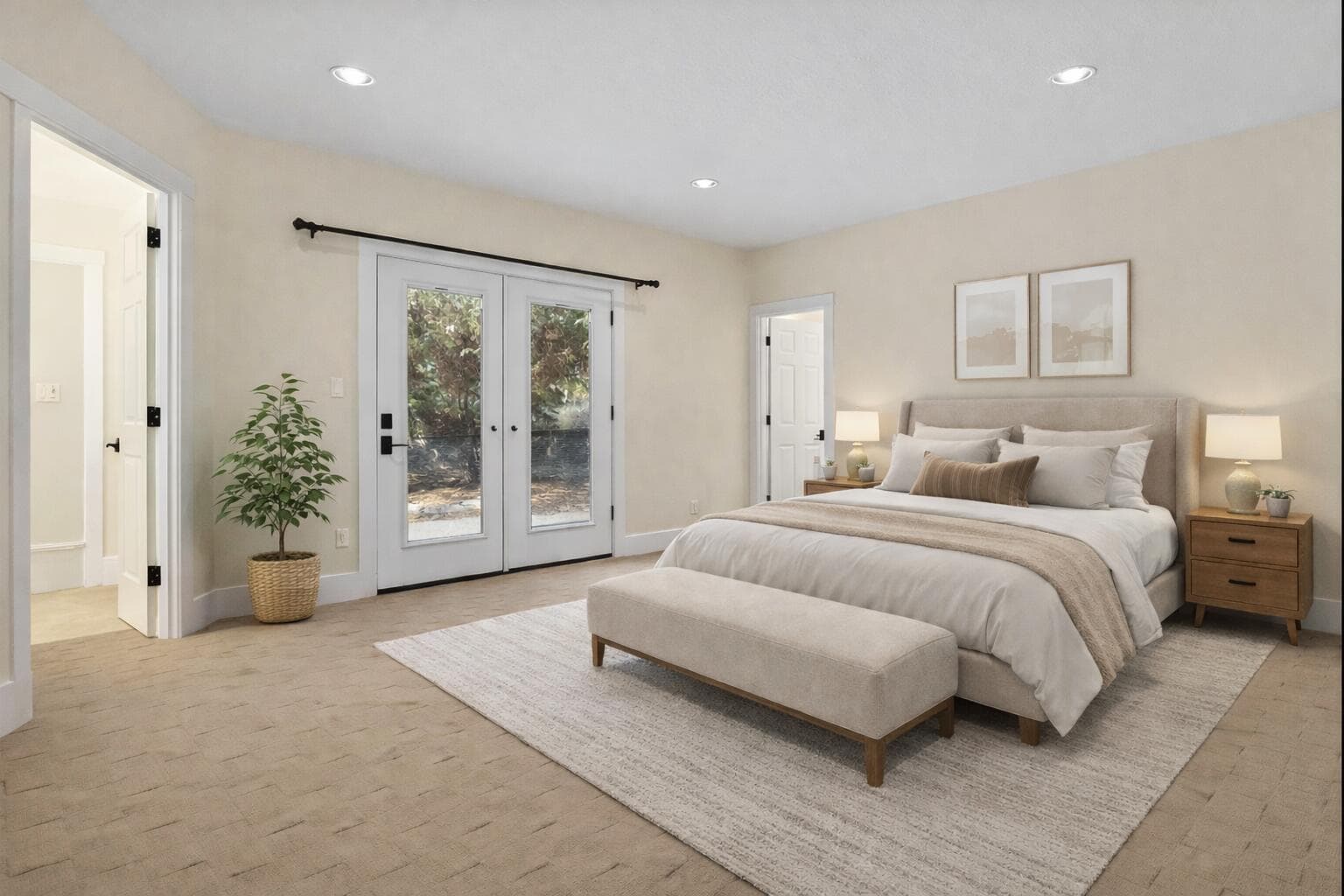 This image has been virtually staged to show options for complimentary style and layout for the primary bedroom.