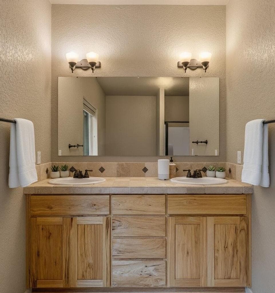 Primary bath with double vanity - Virtually Staged