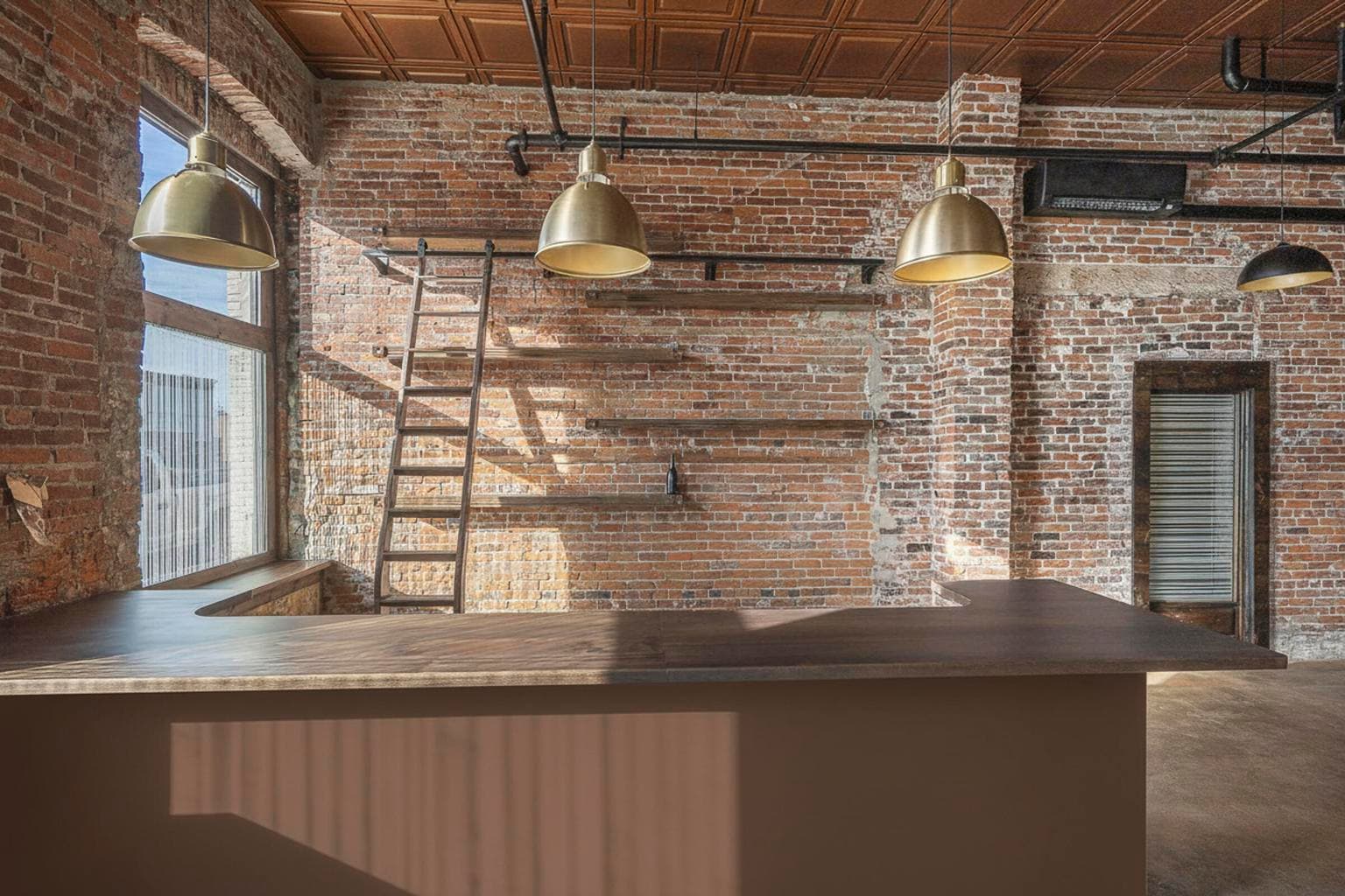 Custom mahogany bar with library ladder, brass foot rail & floating shelves.