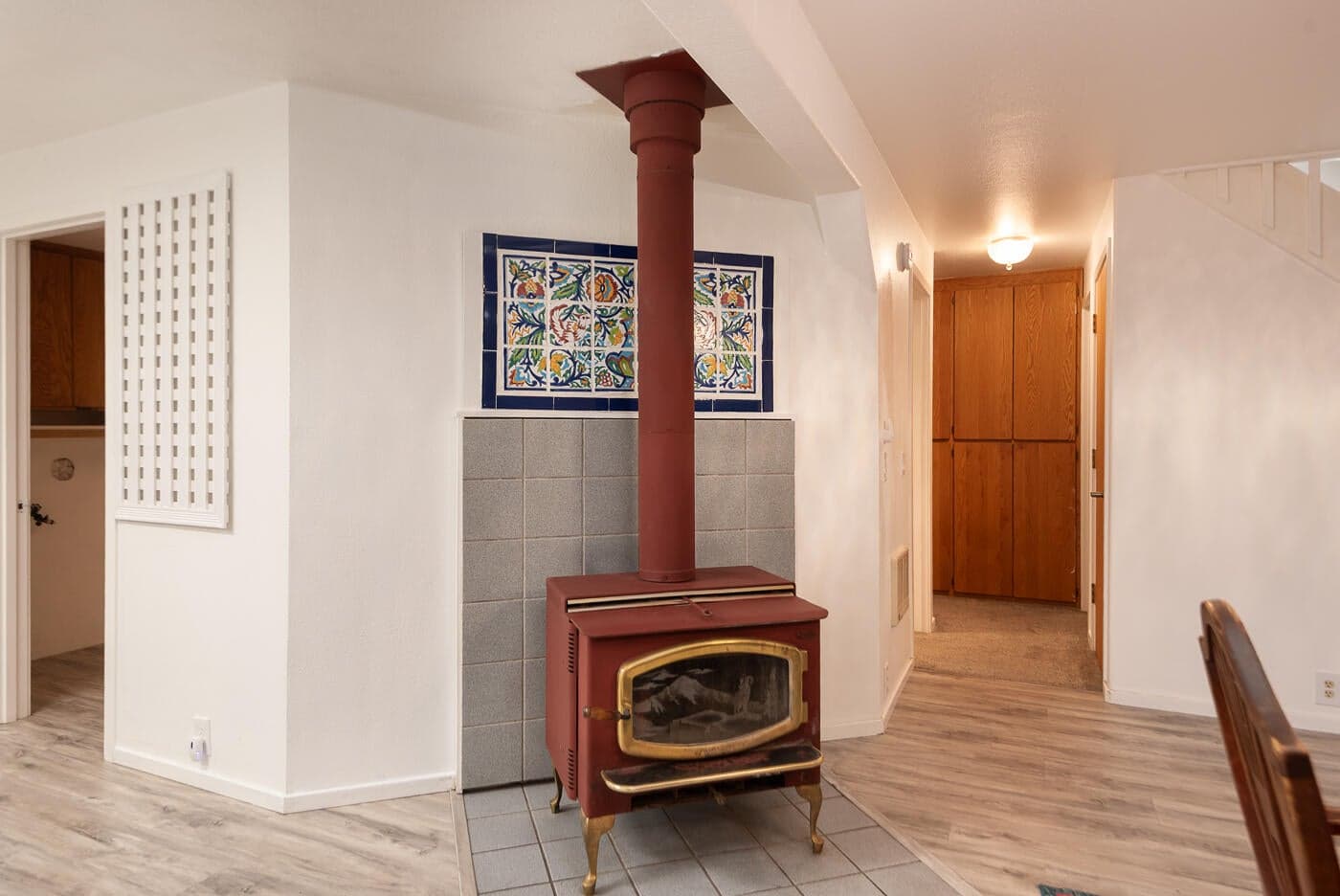 Wood stove in center of home