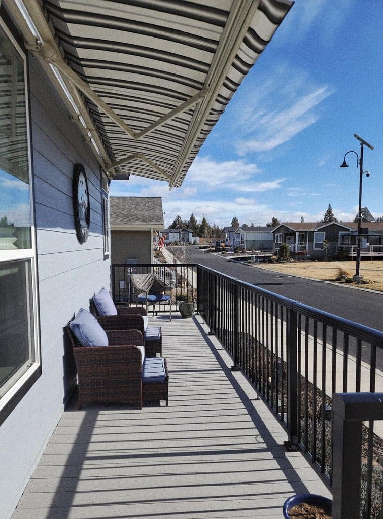Partially extended awning over the front deck