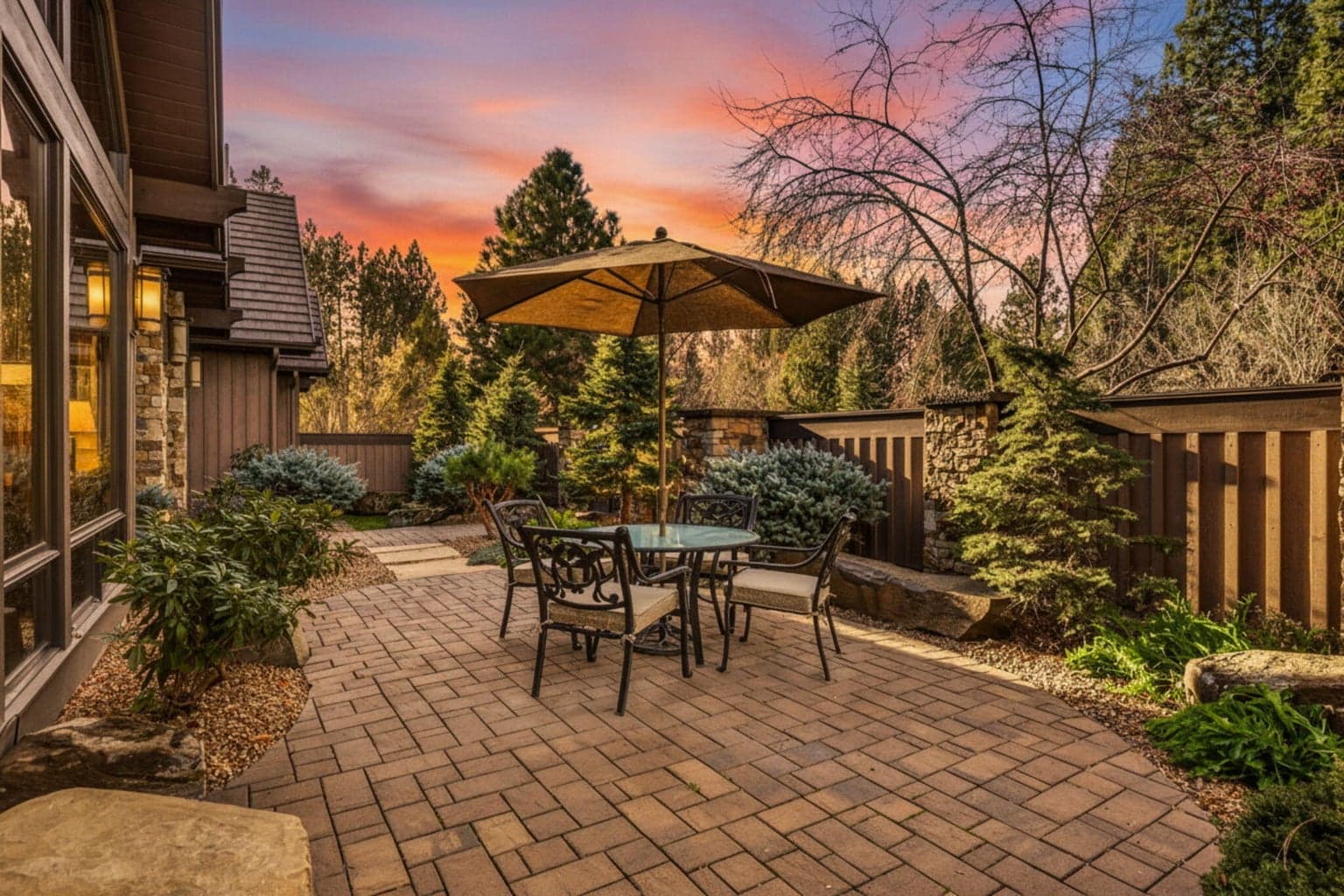 A gated front courtyard sets a gracious tone, leading to interiors defined by soaring vaulted ceilings, exposed beams, and a dramatic floor-to-ceiling stone fireplace anchoring the great room. Expansive walls of glass frame golf course views and create seamless indoor-outdoor flow.
