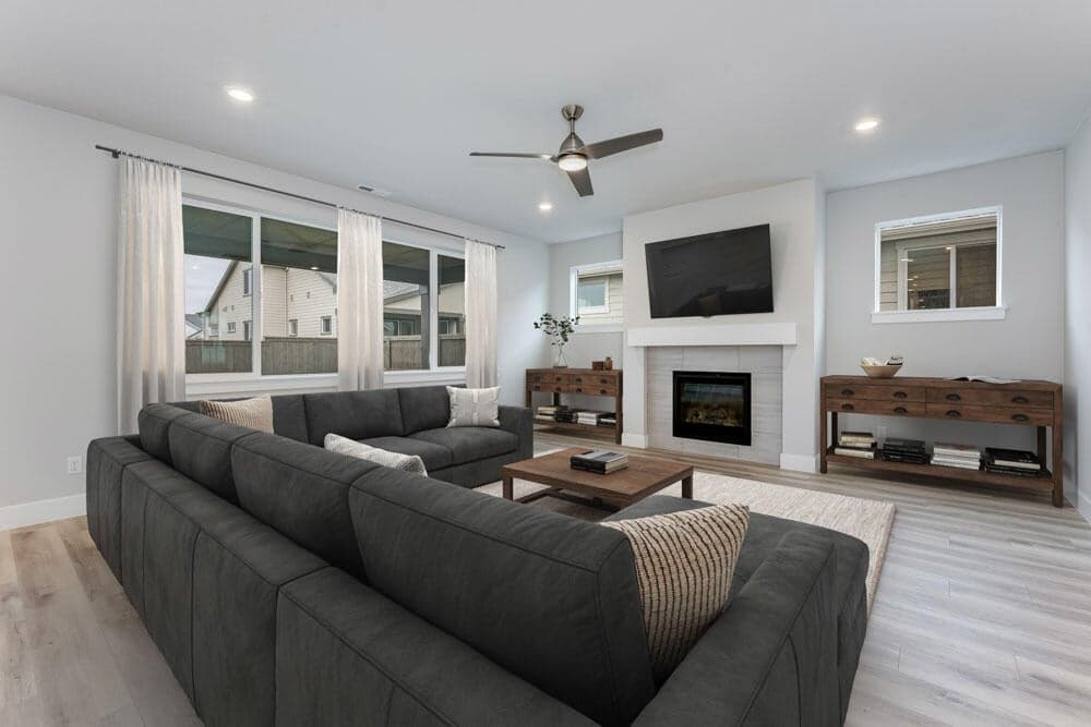 Great room. Photos have been virtually staged.