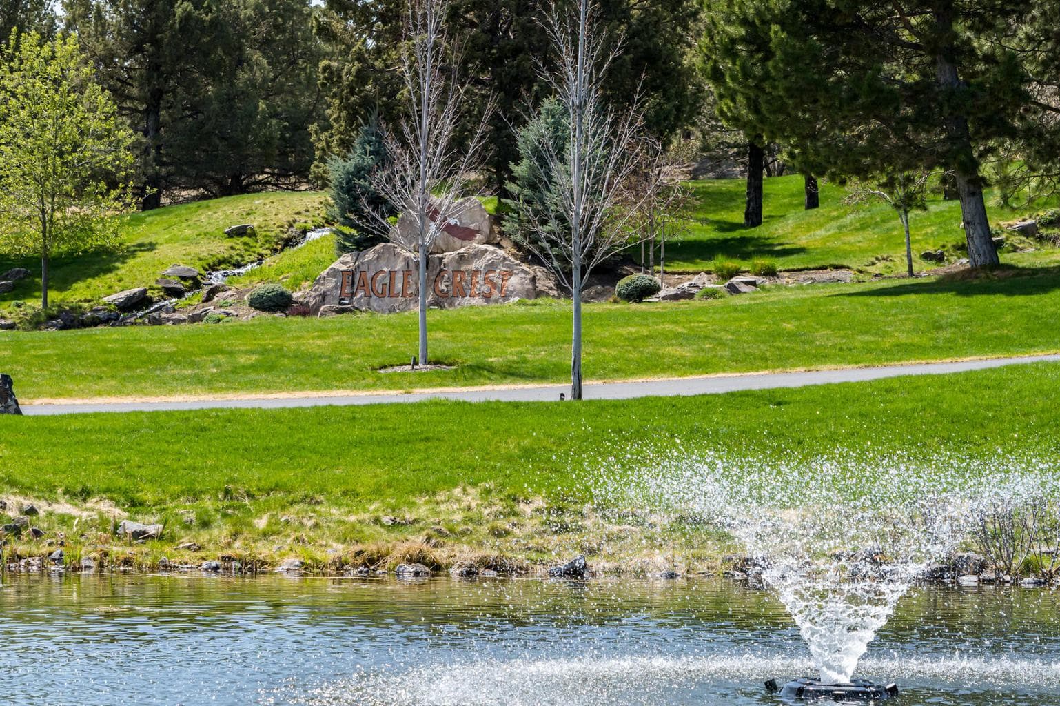 Pond and fountain with walking trails