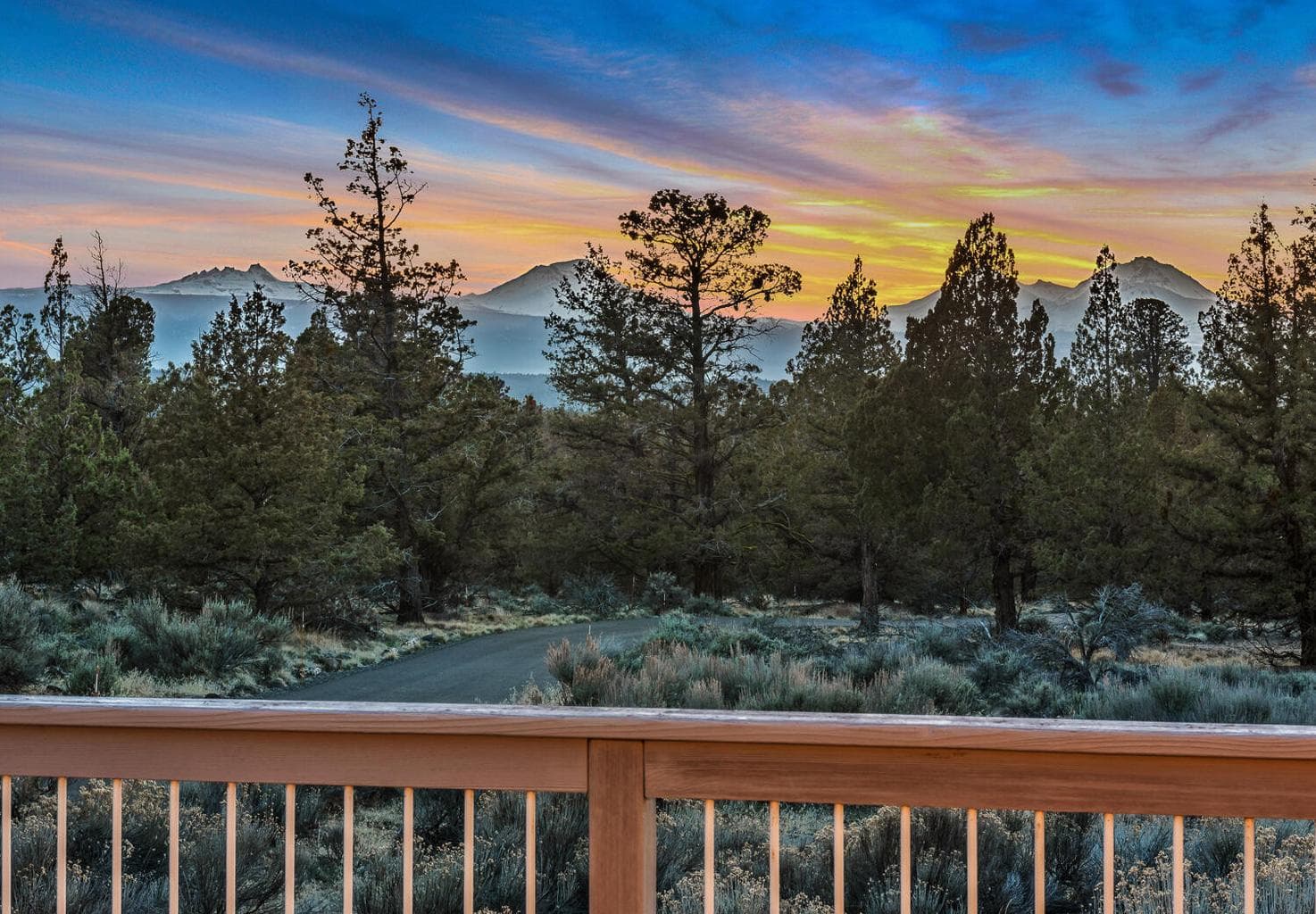 Cascade Mountain views from deck at twilight