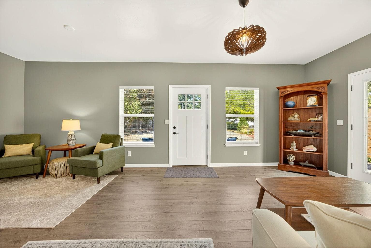 The living room is open to the spacious kitchen