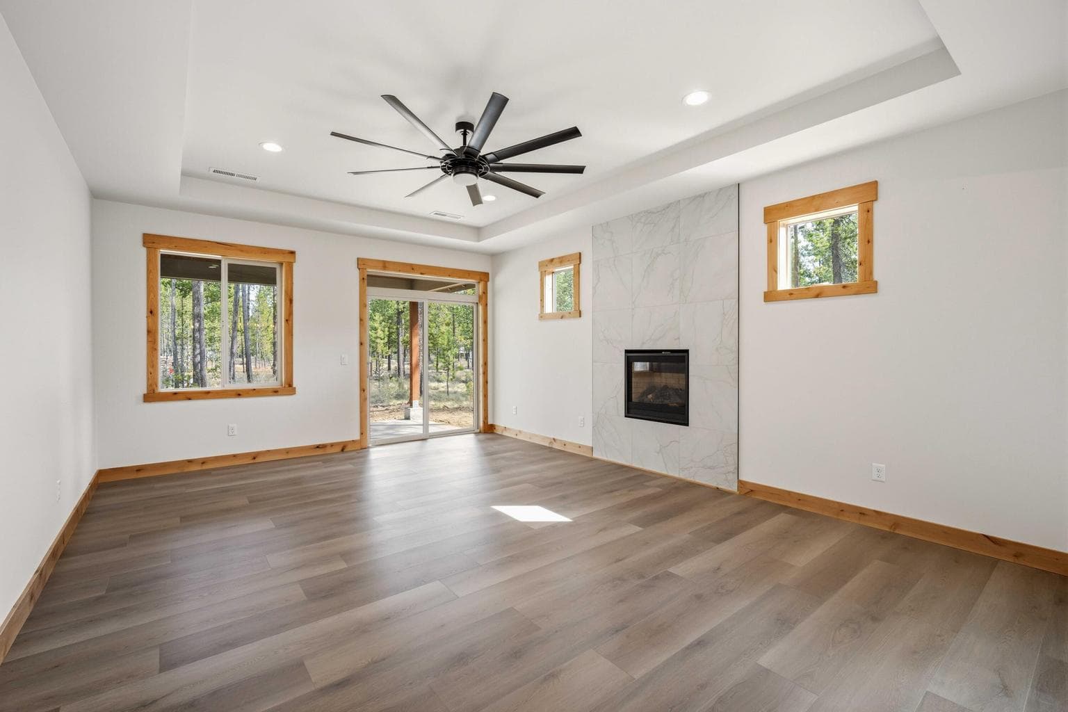 Inviting great room with fireplace, tray ceiling, and sliding door to the covered rear porch for seamless indoor-outdoor living.
