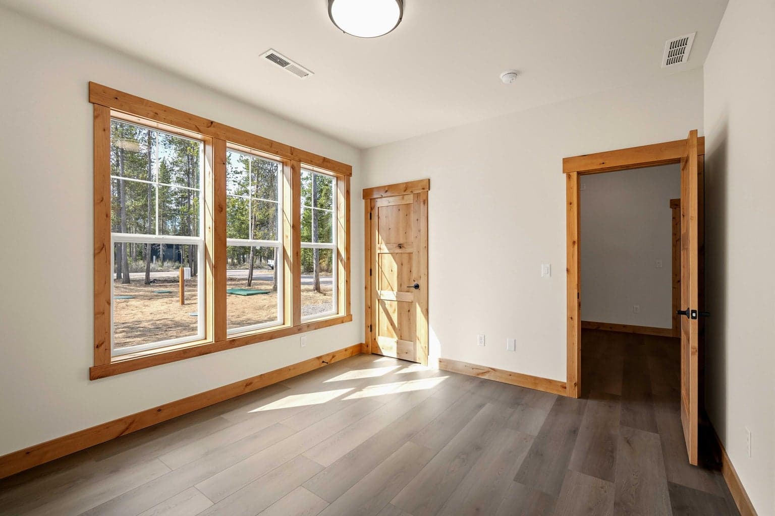 Versatile office or bedroom space with generous windows, warm wood trim, and a bright, welcoming feel.