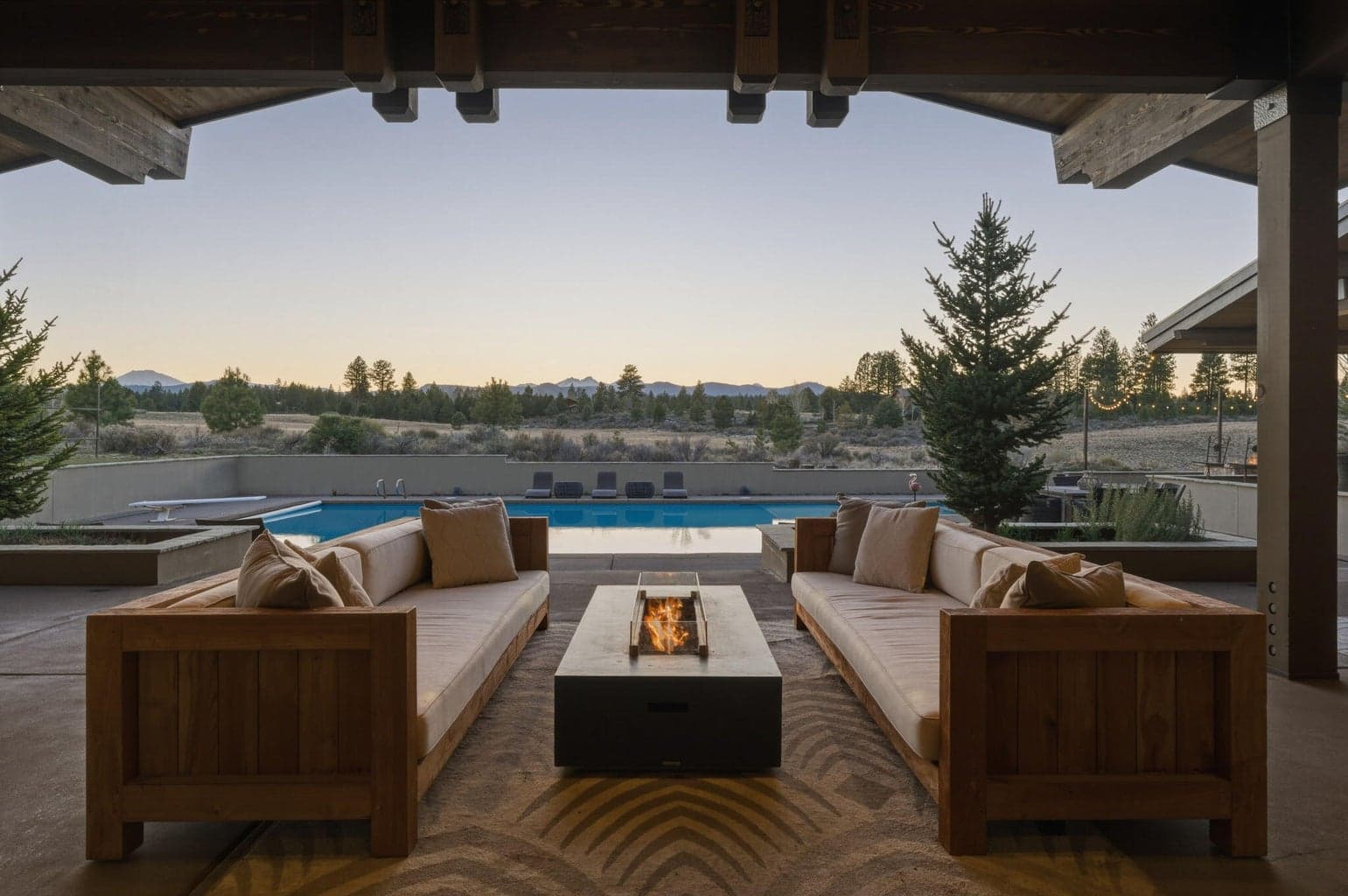 Poolside - Outdoor Living & Fire pit at sunset