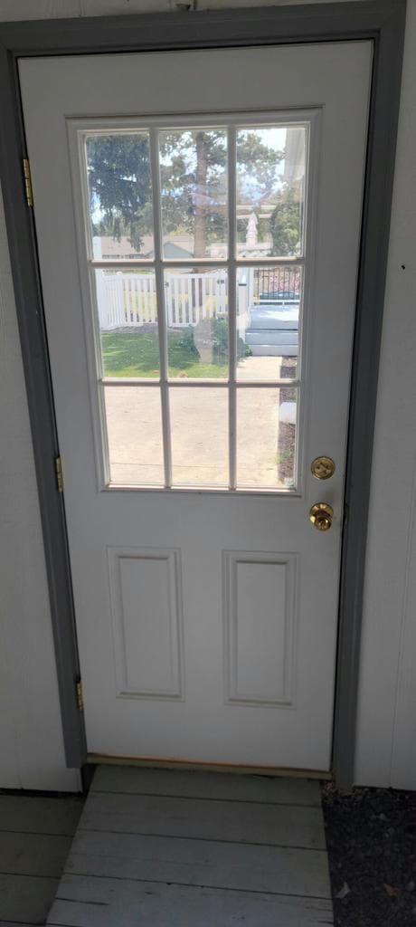 Back door leading to shed and nice concrete patio.