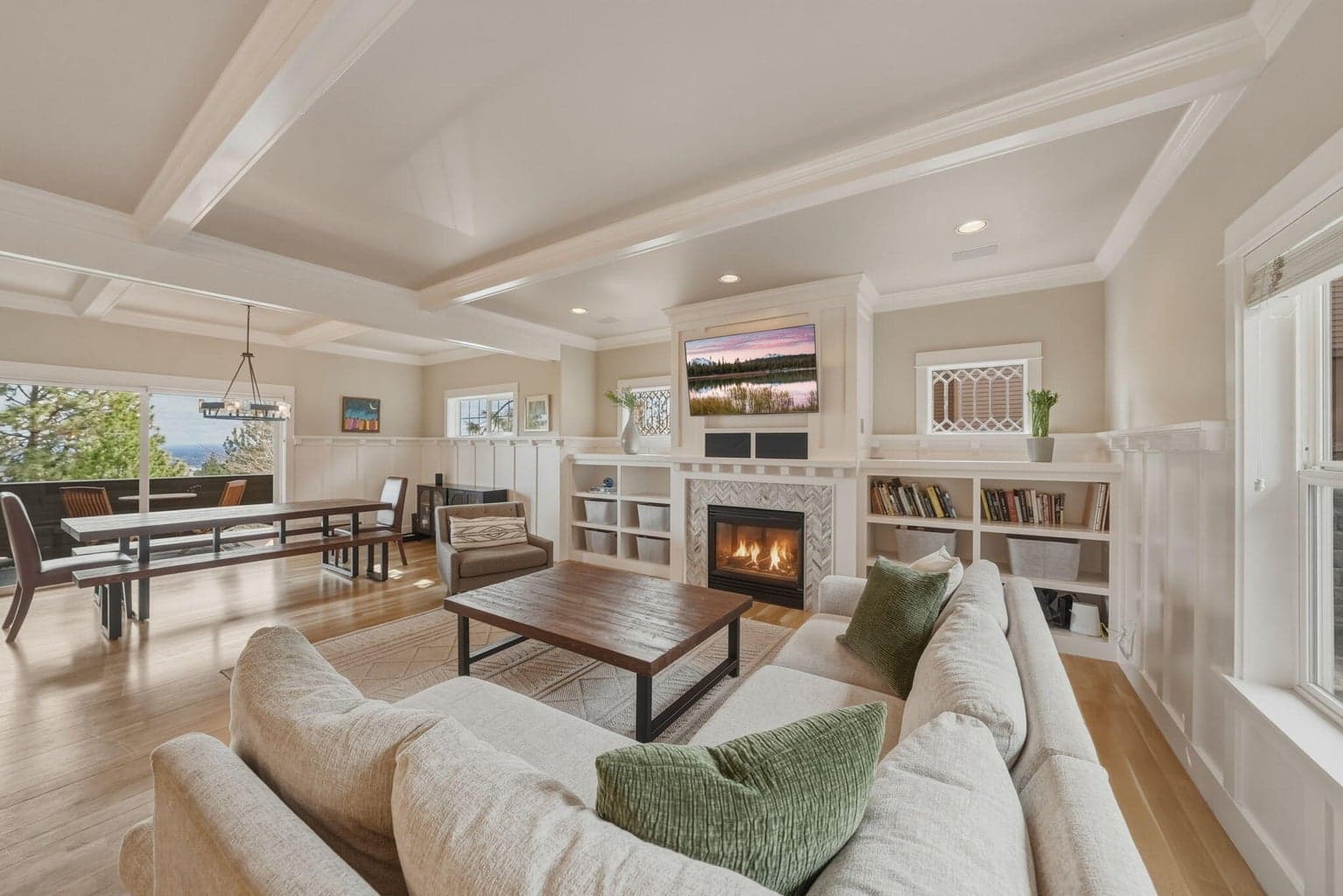 Large, light, and bright living and dining space