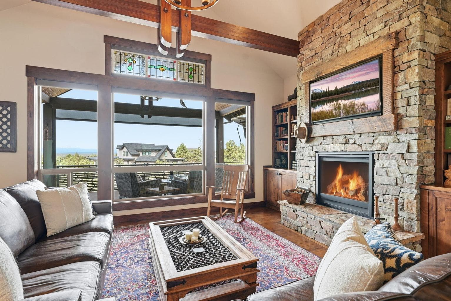 Great Room with perfectly positioned windows and gas fireplace
