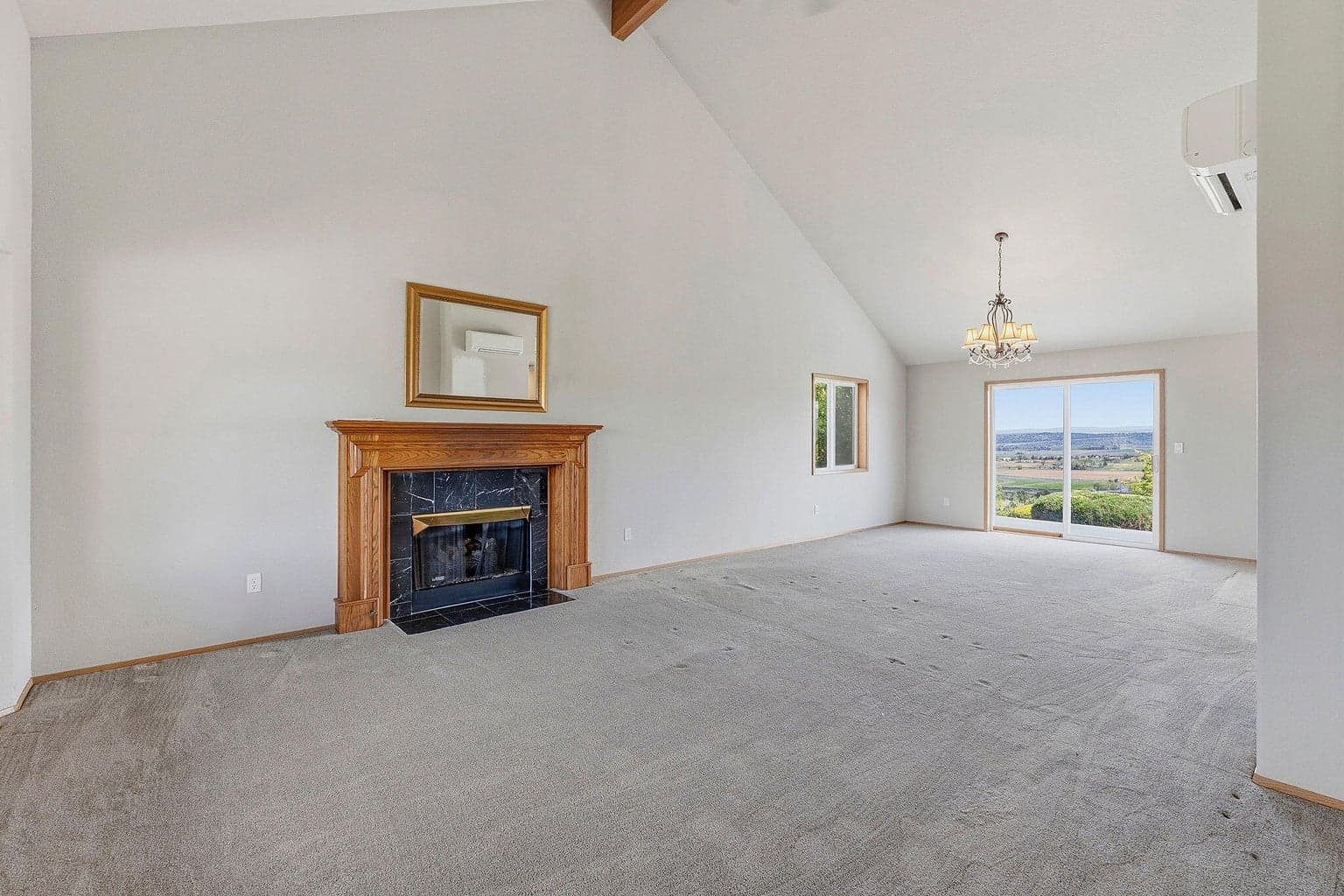 Large Great Room with gas fireplace and access to back deck.