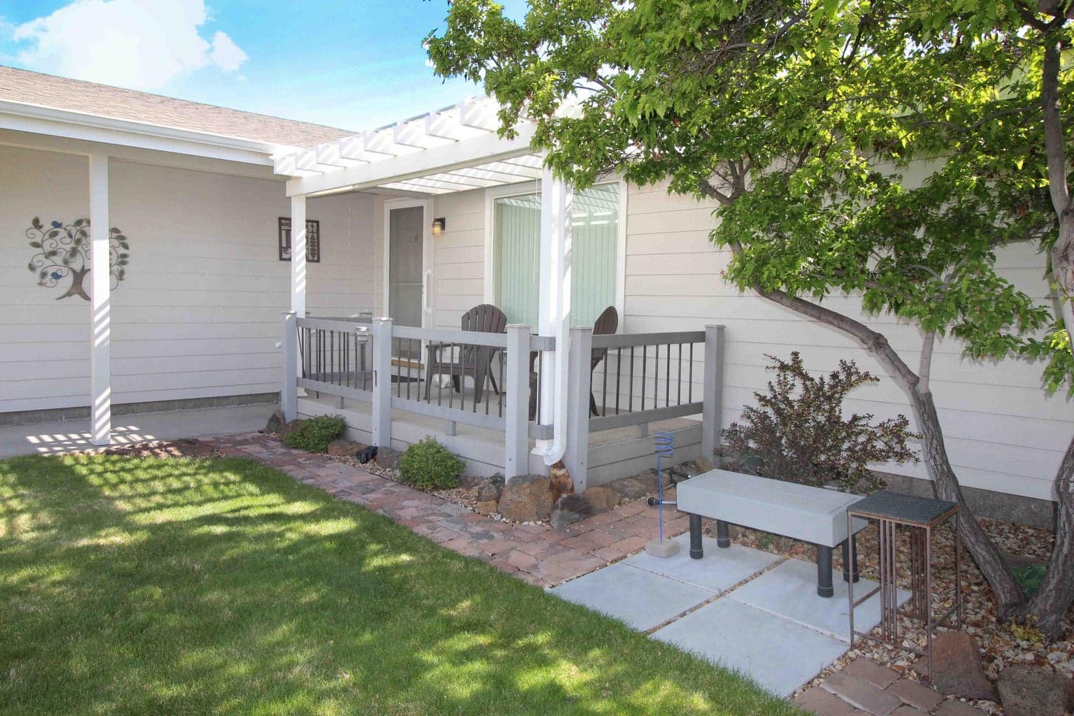 Front Pergola Porch, Covered walkway to front door. Sweet bench.