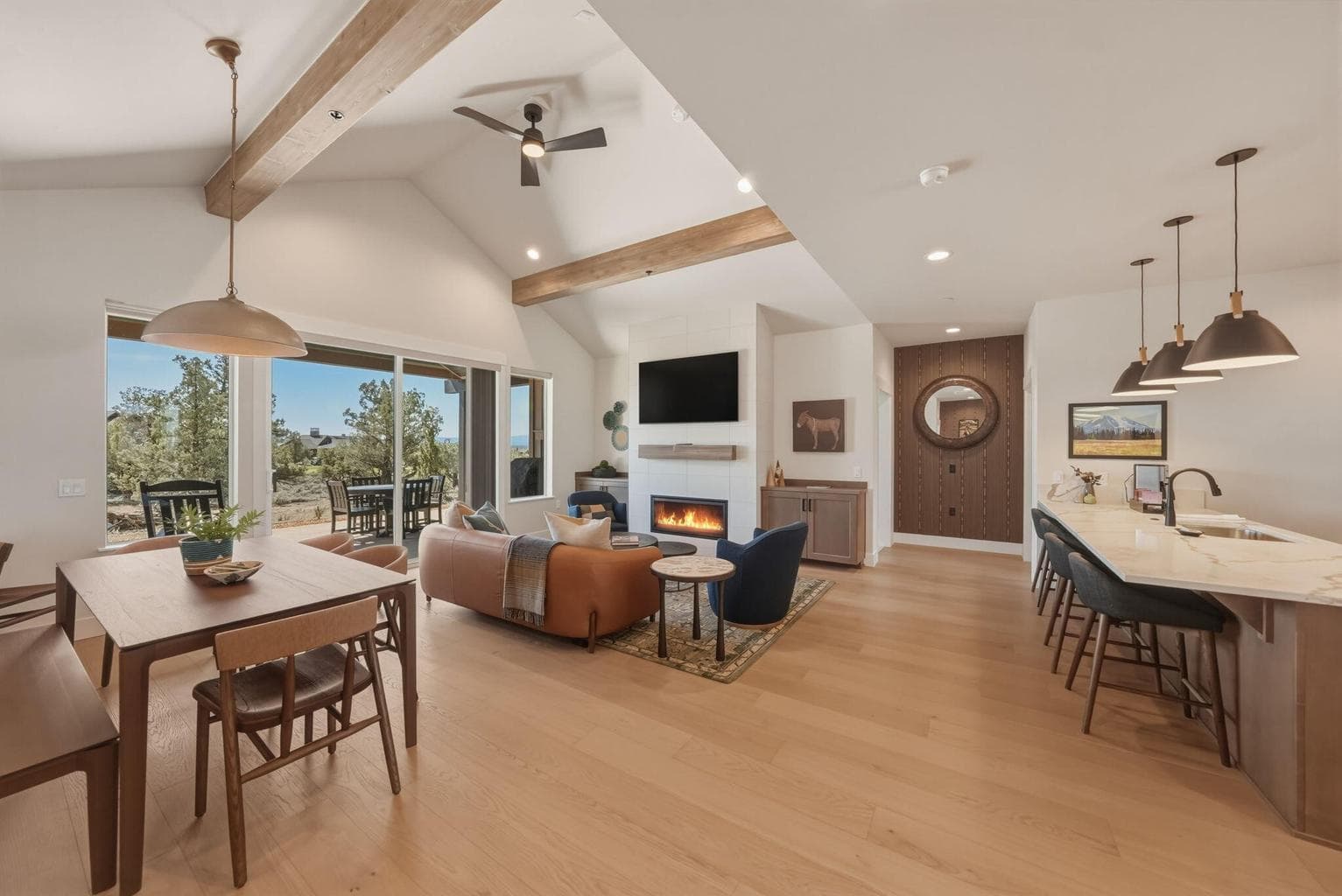 Vaulted ceilings, wooden beams, south-facing with lots of natural light