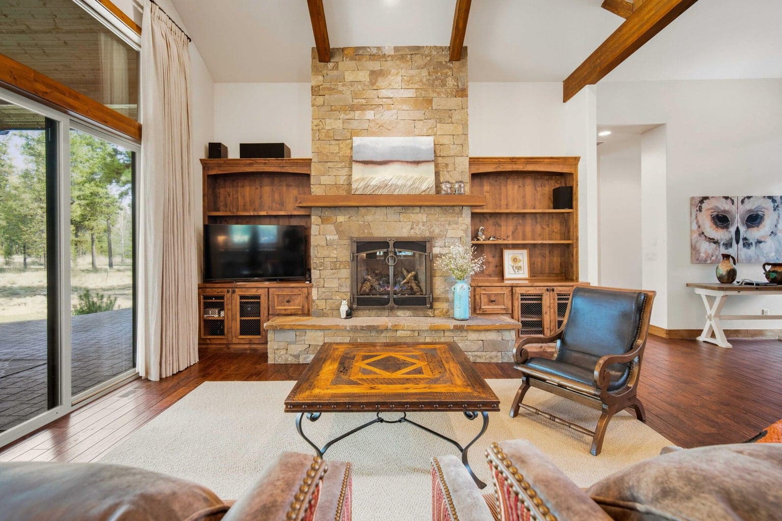 Natural stone gas fireplace in the great room.