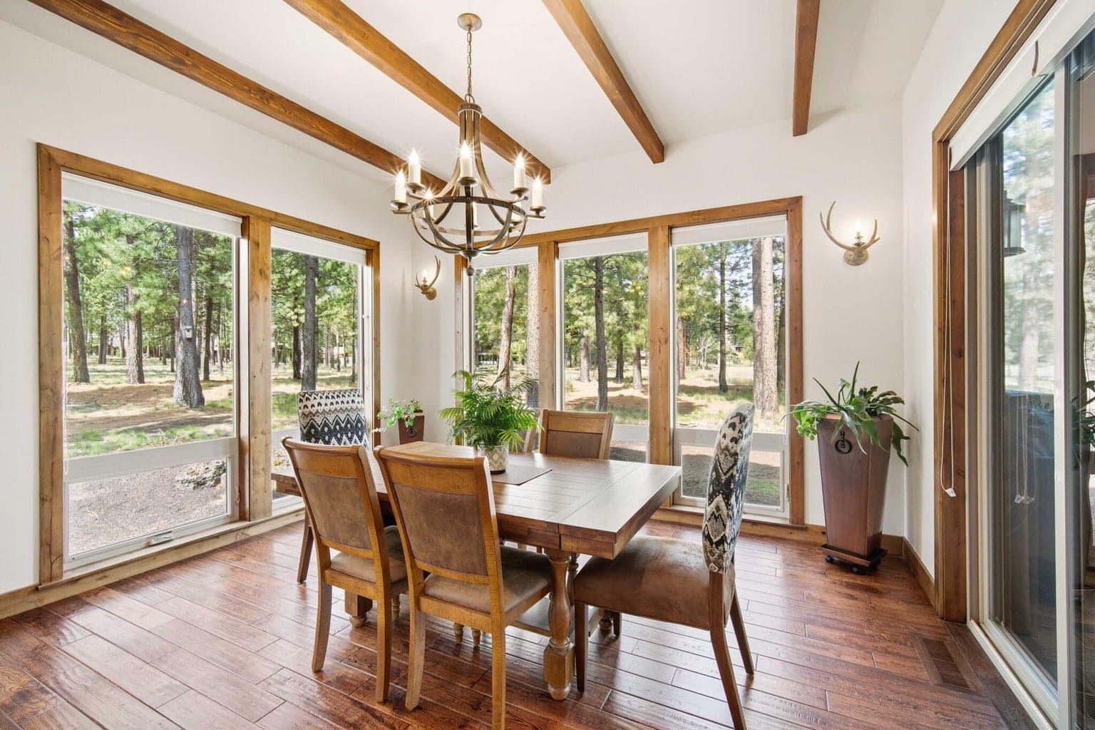 Light and bright dining area with lake views.