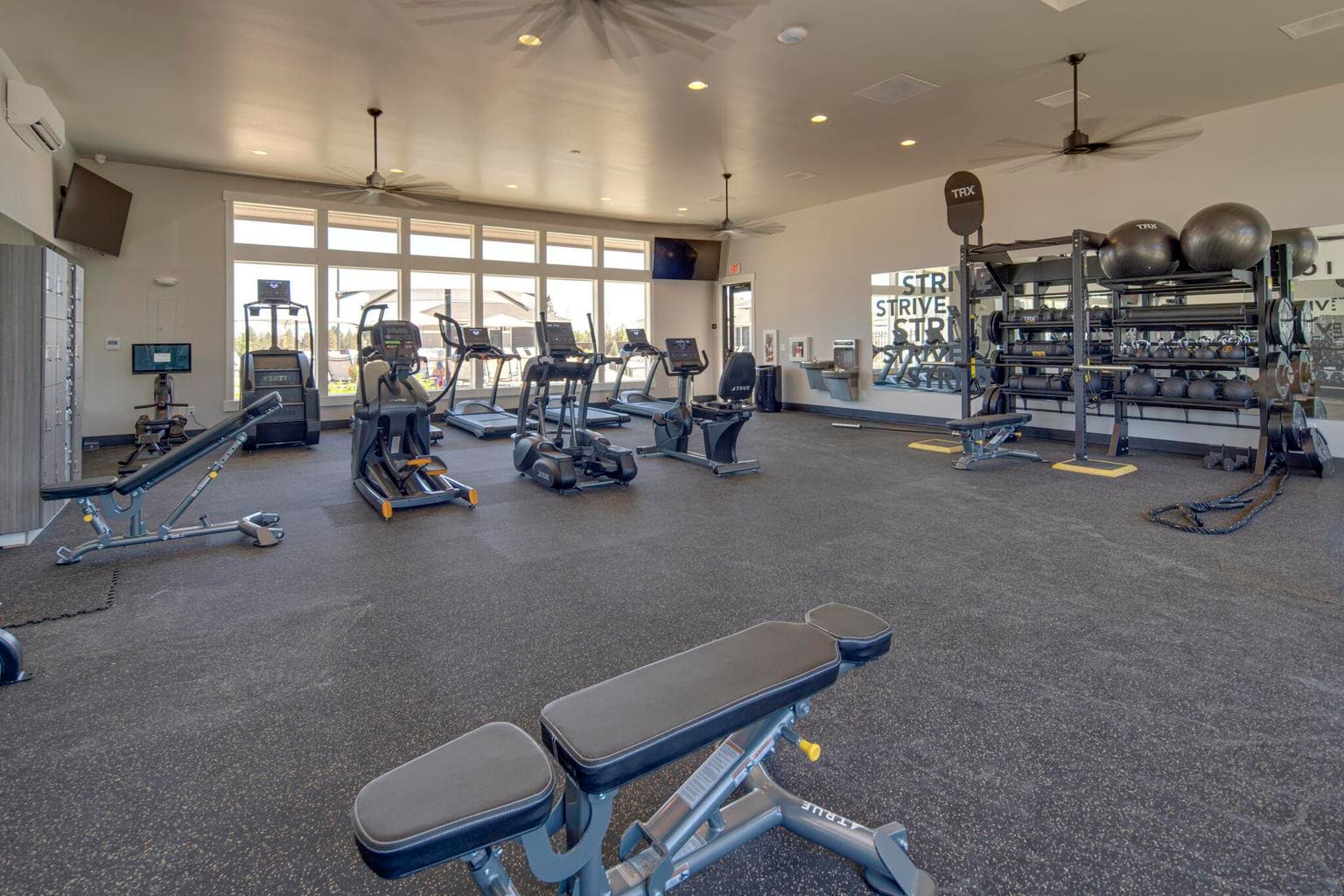 Fitness center has a bit of something for everyone with free weights, cardio, TVs and mirrors to ensure that you have the proper form.