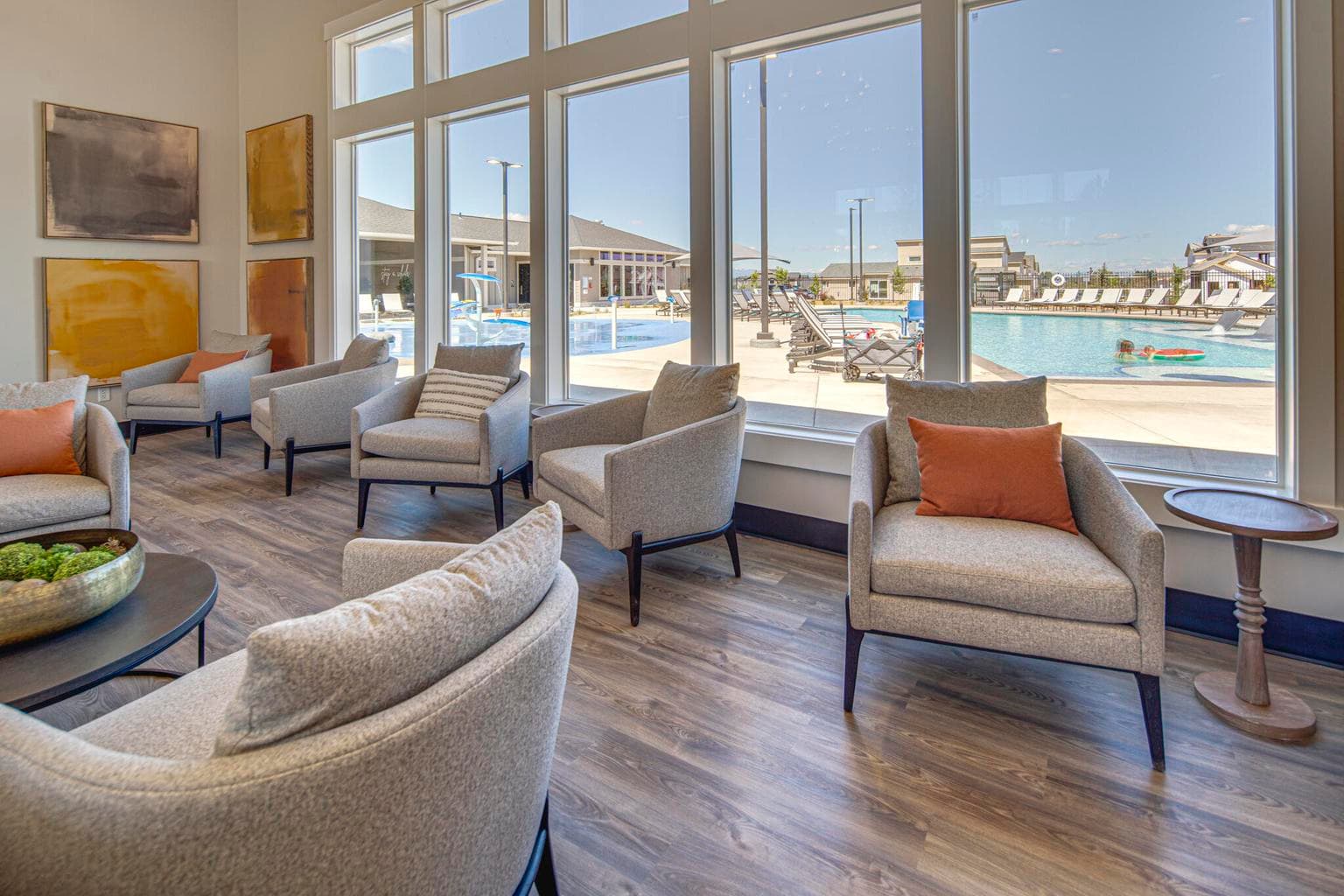 Clubhouse features a view of the water park, community, and view of the Casdace Mountains.