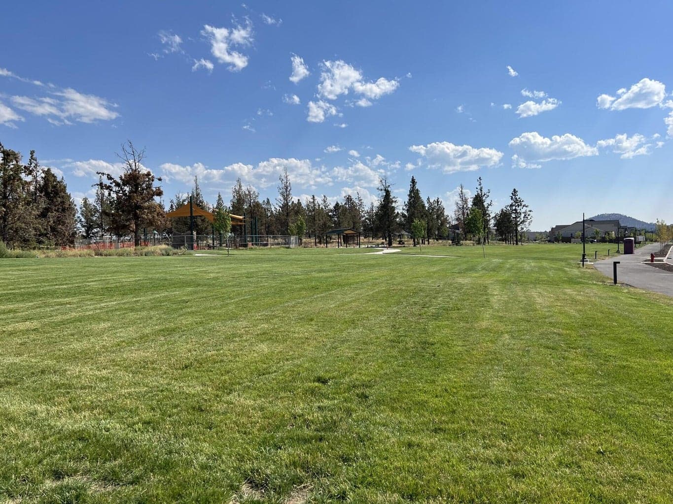 Large Park opening soon with large grassy areas, trail system, play structures, pump track, covered picnic pavillion, and resting areas.