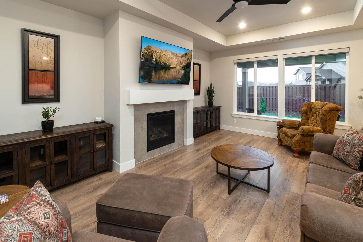 Greatroom with coffered ceiling