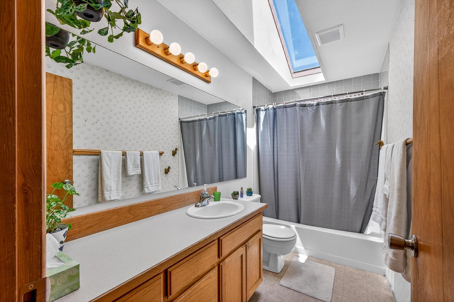 Spacious guest bathroom with skylight