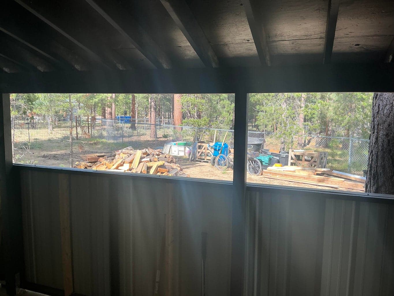 Looking out back door of family room through the patio