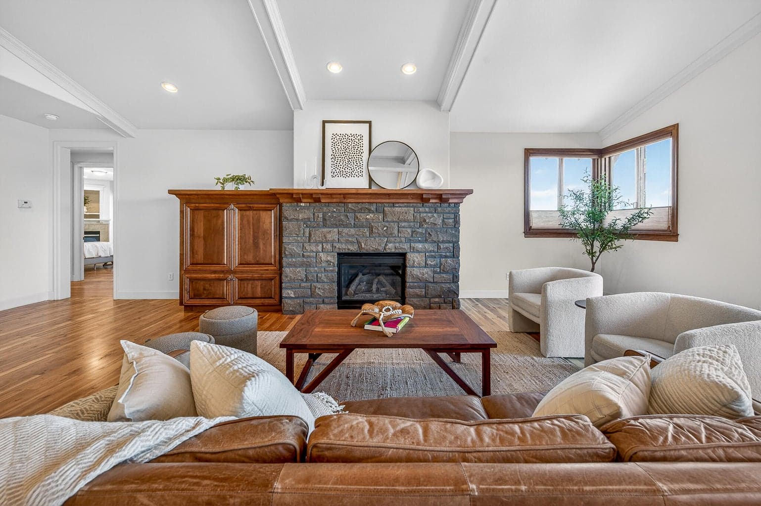 Custom stone fireplace.