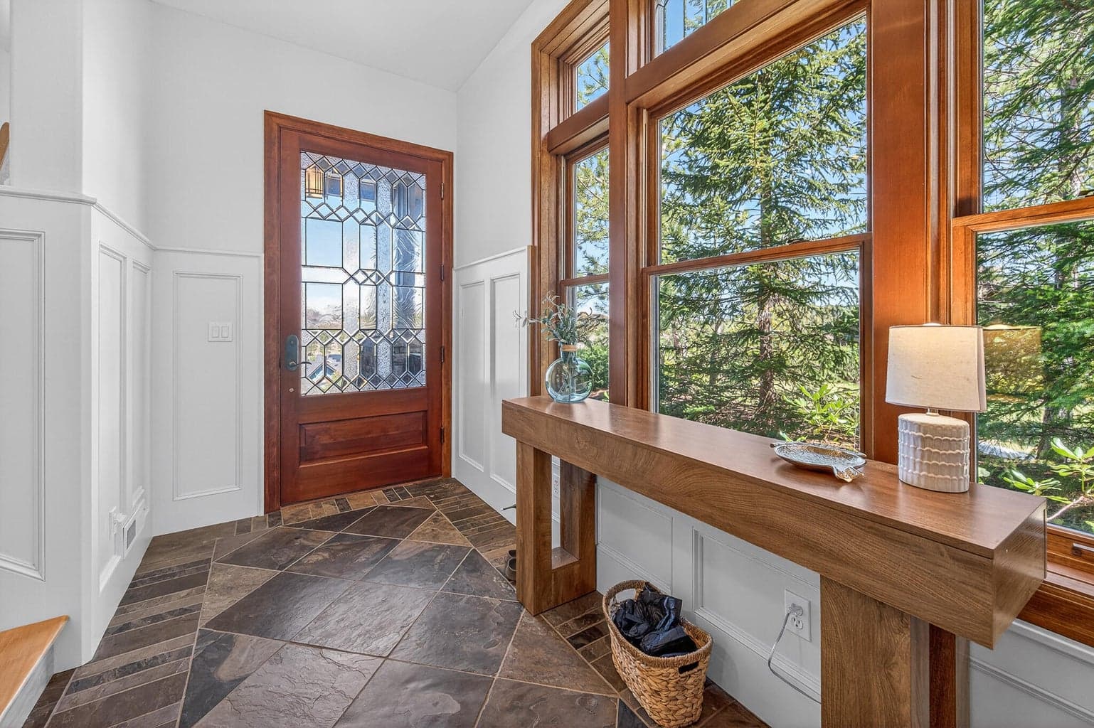 Leaded glass windows. All floors have been refinished and look amazing.