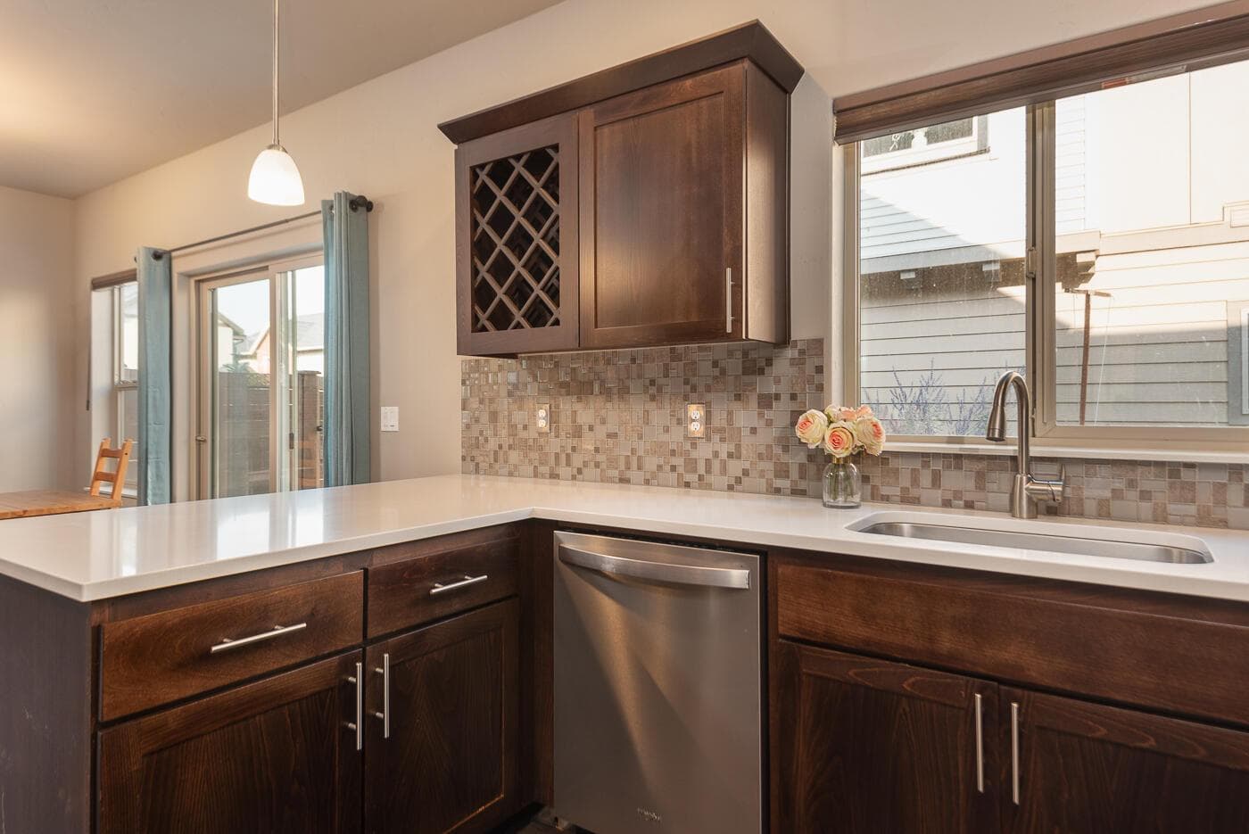 The peninsula counter fits bar stools for casual seating.